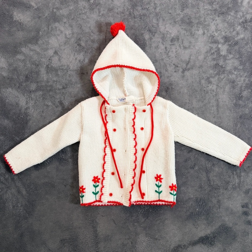 Little Angel Vintage White Knit Cardigan with Red Flowers Sz 18 Months